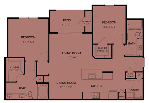 Floor plan for 2 beds, 2 baths, 1235 sqft